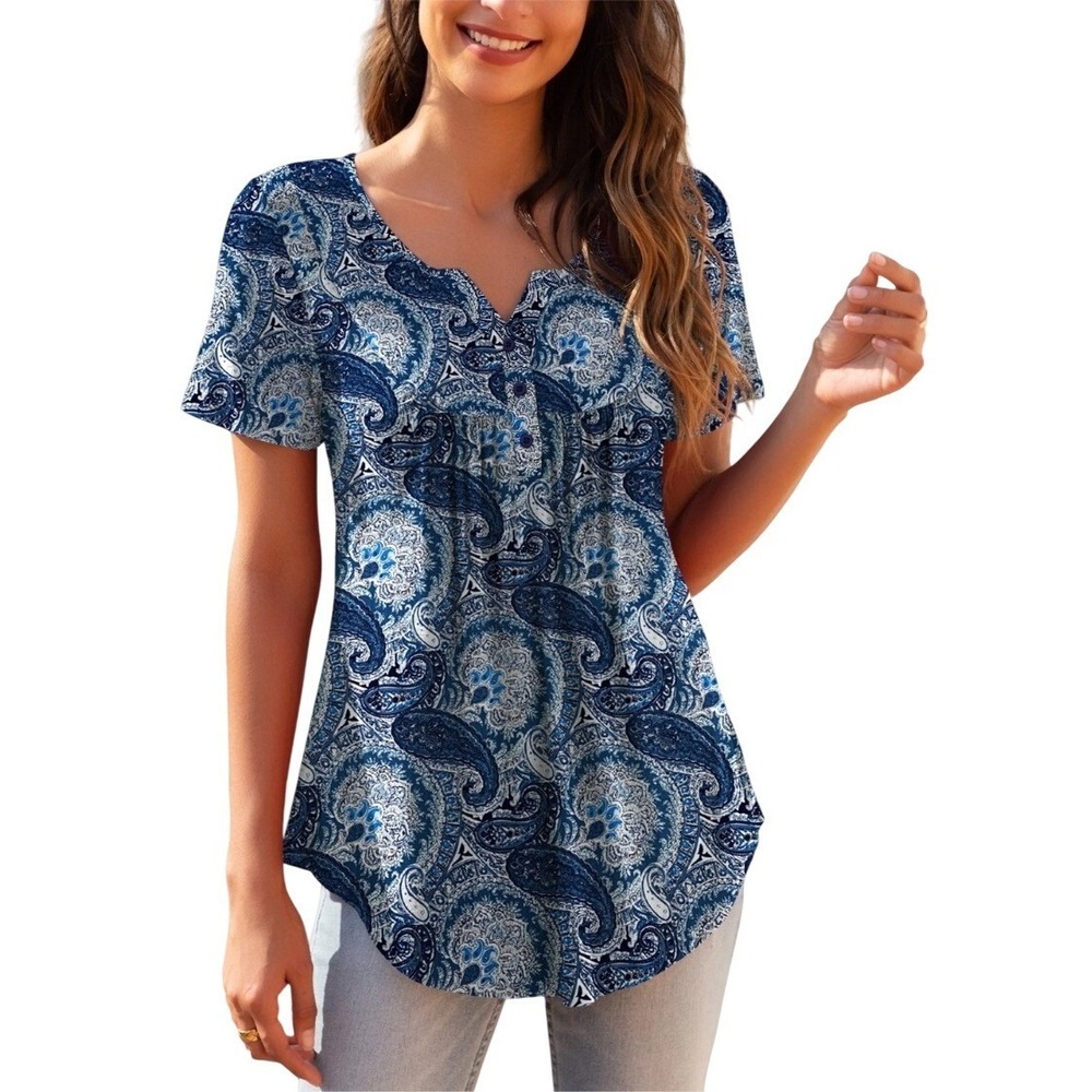 A. Jesdani Paisley Print‎ Button Up Blouse Top Short Sleeve Blue White Large NWT
